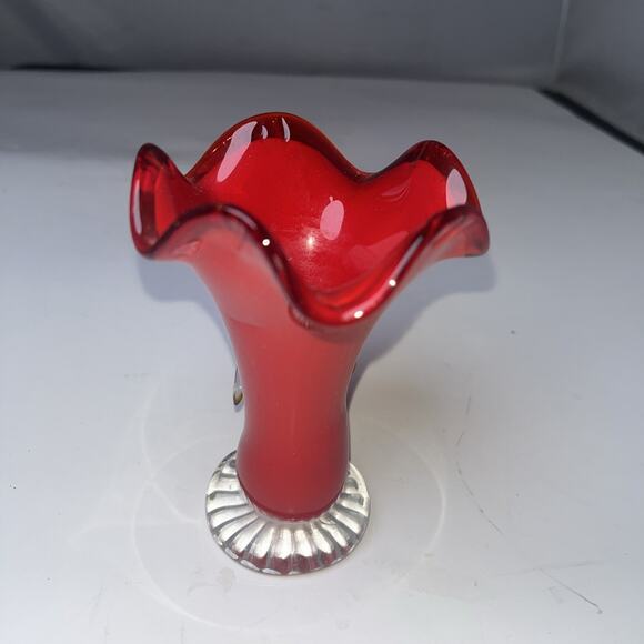 Vintage Blown Art Glass Vase Ruffled Edge w/ Applied Glass Bird 4.5" Murano - Picture 5 of 7